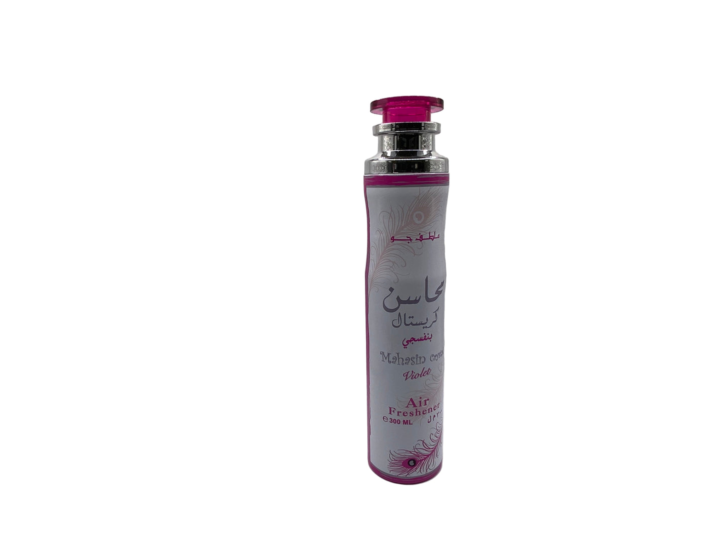 Air freshener bottle with pink cap and label on a white background